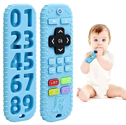 Zahnen Beißringe Spielzeug für Babys 0-6-12 Monate Geschenke, Fernbedienung Baby Zahnungshilfe für 3 6 9 Monate Kleinkind Autismus, Lebensmittelqualität Silikon Badespielzeug, Blau