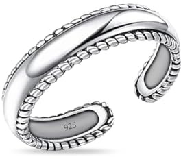 LeCalla 925 Sterling Silver Antique Textured Edge Open Toe Rings for Women Vintage Adjustable Stackable Toe Rings Simple Knuckle Ring 5 MM