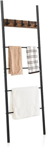 COSTWAY Blanket Ladder, 5-Tier Industrial Towel Ladder Shelf with 5 Hooks, Metal Frame Wall Leaning Blanket Towel Rack Decorative Storage Shelving Unit for Bathroom Living Room, Rustic Brown+Black
