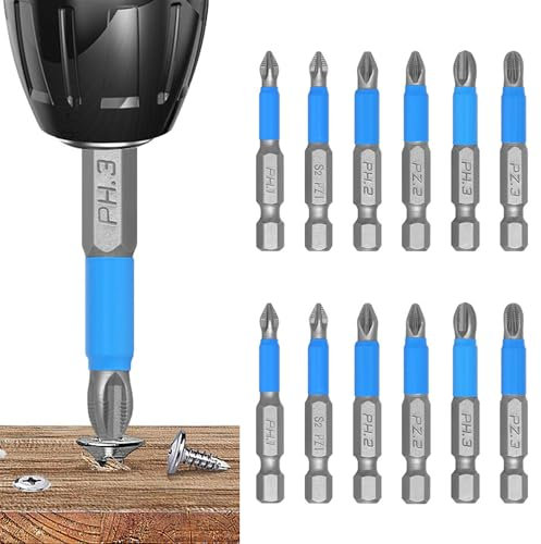 ANBOO Lot de 12 embouts de vissage cruciformes magnétiques Pozidriv - Longueur : 50 mm - Embouts PH/PZ - Tige hexagonale 1/4 - Accessoires pour perceuse et tournevis