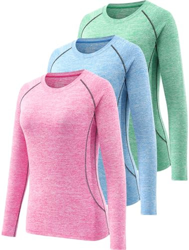 Ullnoy Damen-Langarm-Tops, schnelltrocknend, Workout, Laufen, T-Shirt, atmungsaktiv, Yoga, Sport, Rundhalsausschnitt, Thermo-Unterhemd, 3er-Pack, Grün/Blau/Rosa, S