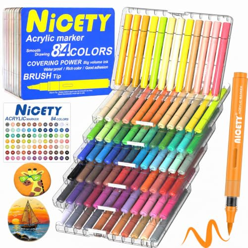 NICETY 84 Färger Akrylpennor – Akrylmarkörer med Penselspets 1–5mm för Sten, Trä, Glas och Keramik – Vattenbaserade Snabbtorkande Pennor med Automatisk Bläckkontroll och 10 Reservspetsar