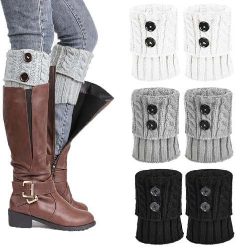 ATSNOSH 3 Paia Scaldamuscoli Donna Ragazze, Scaldamuscoli a Maglia, Calze Invernali per Stivali, Calzini Polsini Ballet Stivali Calze, Calzettoni Ginocchio (Nero+Bianco+Grigio, Taglia unica)