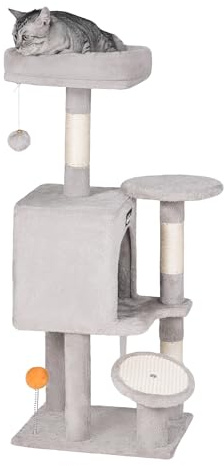 FourFurPets Kleiner Kratzbaum, mehrstöckiger Kratzbaum für Indoor-Katzen, Katzenturm mit Kratzbaum, Katzenhütte für Kätzchen, 100,1 cm, Hellgrau