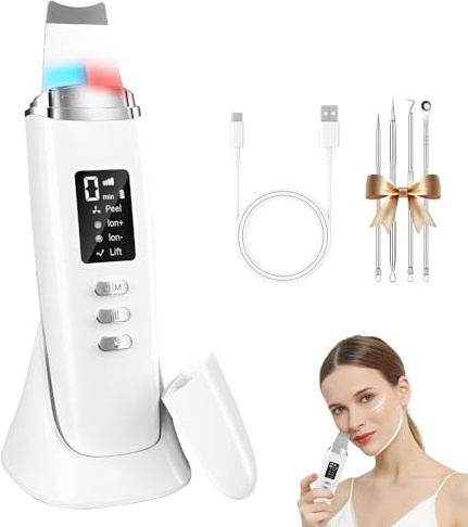 Pulizia Viso Ultrasuoni, Spatola Ultrasuoni Viso，Con 4 Modalità, Viene Fornito con una Base, Spatola Ultrasuoni Pulizia Viso è Adatto per la Pulizia Della Pelle e la Rimozione di Punti Neri e Olio