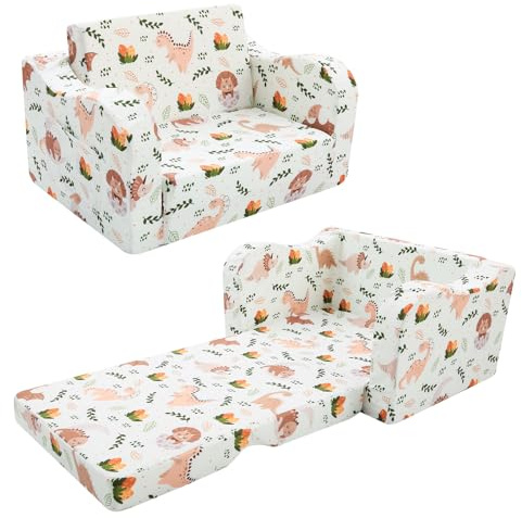 MeMoreCool Kids Couch Sofa, Folding Toddler Chair 1-3, Dinosaur Pattern | Comfy 2-In-1 Fold Out Kids Sofa Bed and Pull Out Mini Baby Lounge Armchair For Girls Boys