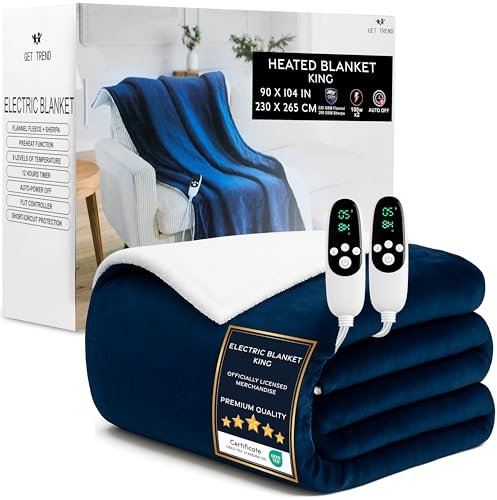 Get Trend Elektrisk värmefilt 230 x 265 cm, sherpa-fleecepläd, 9 nivåer med 12 timmars automatisk avstängning, maskintvättbar, presentidé (marinblå, King EU)
