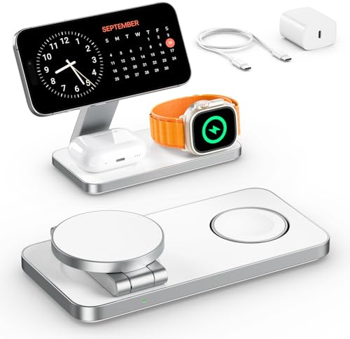 3 in 1 Caricatore Wireless per iPhone 15W Compatibile con Mag-safe,Stazione Ricarica per Apple Wireless Charger Rapida per iPhone 17/16/15/14/13/12 (Bianco)
