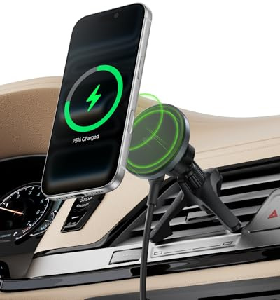 Belkin Wireless Car Charger, Magnetic Car Vent Mount w/ 3.3ft USB C Cable, Qi2 MagSafe Compatible Fast Charging iPhone Charger for iPhone 17, Galaxy S26, Pixel 10, & More - Travel Accessories - Black