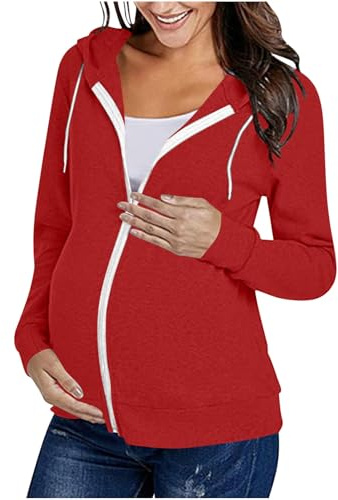 Lmdudan Pregnant Hoodie Jackets Maternity Shirts Women's Full Zip Long Sleeve Clothes 2026 Pregnancy Coat with Pockets Red