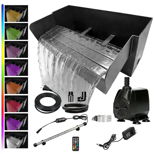 Set Cascata Per Laghetto Da Giardino, Cascata In Acciaio Inox Da 30 Cm Con Illuminazione A Led Fontana Da Giardino Da 45 W E 3000 L/H Per Patio Terrazzo E Laghetto Esterno