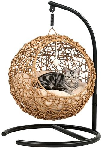 PawHut Cama para gatos de ratán con cojín lavable y pelota de juego, cesta colgante con estructura, casa para gatos de hasta 10 kg, 45 x 41 x 75 cm, marrón claro