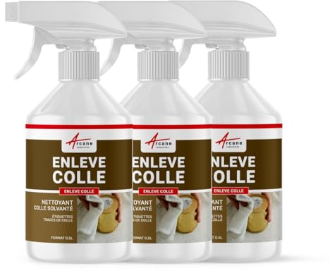 Enlever Colle : produit tissu bois verre vitre PVC adhésif mastic scotch autocollant éliminer solvant glue ENLEVE COLLE - 1.5 L (3 x 0.5 L) - ARCANE INDUSTRIES