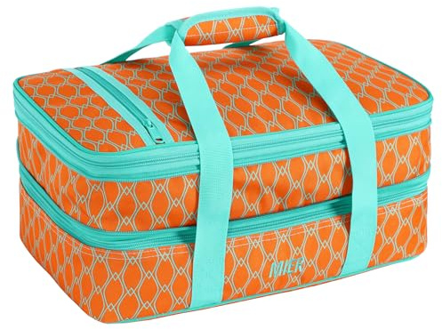 MIER Insulated Double Casserole Carrier Thermal Lunch Tote for Potluck Parties, Picnic, Beach, Fits 9 x 13 Inches Casserole Dish, Expandable by Mid Zipper, Orange