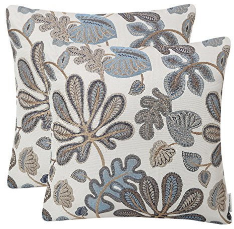Mika Home Set of 2 Jacquard Tropical Leaf Pattern Throw Pillow Covers Decorative Pillowcase 20X20 Inches,Blue Cream
