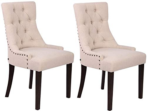 CLP Set 2 Poltrone Pranzo Aberdeen Stile Chesterfield I Coppia Sedie Soggiorno In Tessuto Imbottite Telaio In Legno Di Caucciù, Colore:crema, Colore del telaio:antico