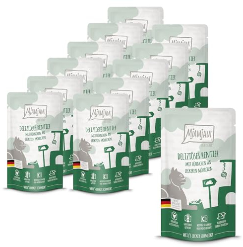 MjAMjAM - nourriture humide premium pour chats - Quetschie - délicieux renne au poulet et délicieuses carottes, pack de 12 (12 x 125 g), sans céréales avec supplément de viande