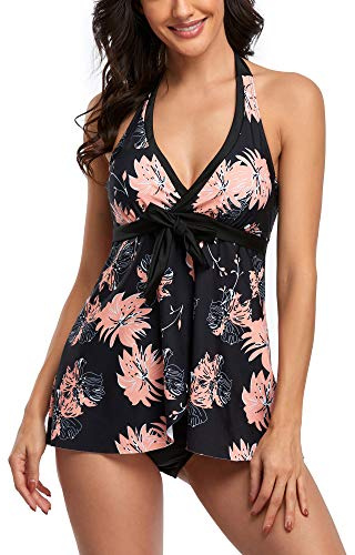 FLYILY Traje de baño de Dos Piezas para Mujer Acolchado Bandeau Swimsuit Tankini Conjunto de Traje de baño con Estampado de Moda Boyshort(Grey,M)