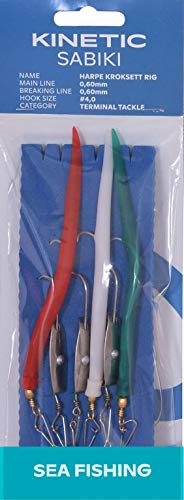 Kinetic Sabiki Harpe Kroksett Rig - Vorfach mit Makks u. Makrelenblinkern in weiß, rot und grün, Länge 375cm, 6 Haken Gr. 4/0, Schnur 0,60mm