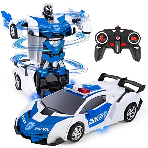 Highttoy Voiture de Police Télécommandée Robot Enfant, 2.4GHz Rotation à 360° Voiture Télécommandé Transformable Transformateur Robot Jouet Cadeau Enfant 3 4 5 6 7 8 Ans Garçon Fille Blanc