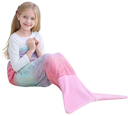 VHOME Kids Mermaid Blanket Gifts - Warm Living Room Sofa Blanket Children Cuddly Blankets for Birthday Gift (K3-Rainbow Pink, Kids 57'' x 24'')