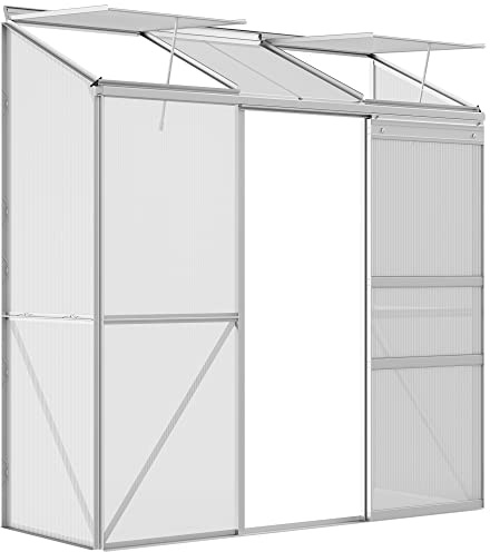 Outsunny Gewächshaus, Treibhaus mit Schiebetür, Aufklappbare Dachfenster, Tomatenhaus, Pflanzenhaus für Garten, aus Polycarbonat und Alu, Silber, 192 x 68 x 196 cm