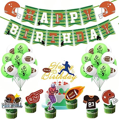 Guoguonb Rugby Theme Birthday Party Decoration: 1x Banner, 20x 12 Balloons, 1x Cake Topper, 12x Cake Decorations - Green, White