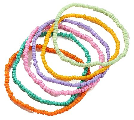 Böhmische 6-teilige Fußkettchen & Armband - Handgemachte, bunte Perlen mit elastischem Faden - Sommer-Fußschmuck für Frauen & Mädchen