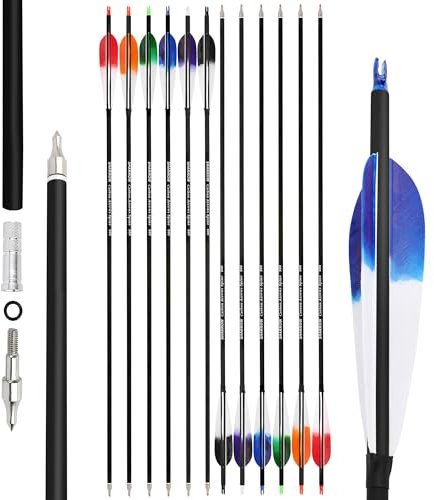 surwolf 31,5 Bogenschießen Carbonpfeile Spine 500 Hunting Carbon Arrows für Compound und Recurvebögen, mit austauschbarer Pfeilspitze 6 & 12 Stück (Mehrfarbig)