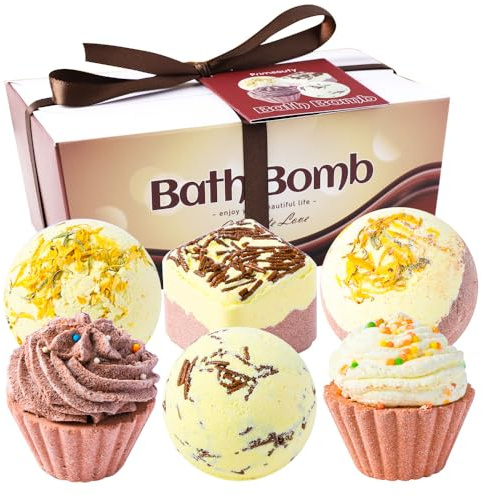 6 Pieces Dessert Bath Bombs Gift Set, Assorted Spa Fizzies with Natural Essential Oils, Handmade Cupcake, Cake and Sprinkle Topped Bath Balls for Relaxation, Birthday or Mother's Day Gifts for Women