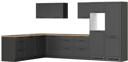 Lomadox Winkelküche Küche Einbauküche Küchenzeile L-Form 360/240 cm in grau, Arbeitsplatte in Eiche