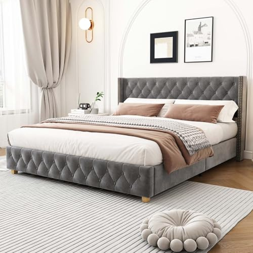 KOMHTOM Lit Rembourré Lit Double avec Sommier à Lattes en Bois, Cadre de Lit Plateforme avec Tête de Lit, Chambres à Coucher(sans Matelas) (Gris, 140 * 190cm)