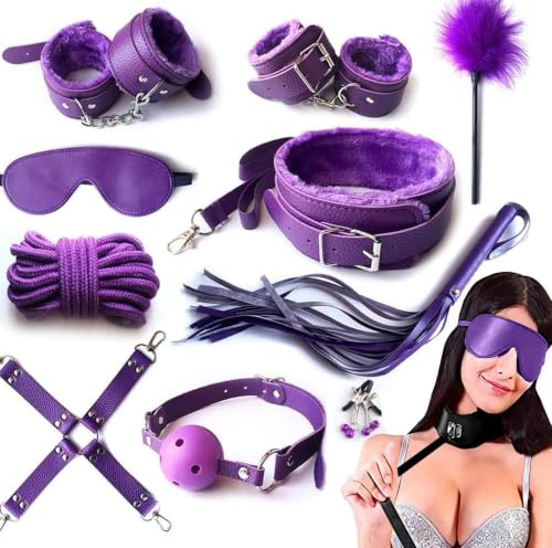 10PCS BDSM Sex Bondage Bed Restraints Erotic Suit Adjustable Collar Handcuffs Anklecuffs Whip Gags Blindfolds Nipples Clamps Ropes Bondagewear for Adult Toys Restraints Sex Straps