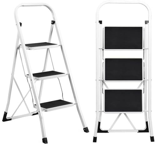 Escabeau 3 Marches Pliable, Escabeau Pliant avec Pédale Large Antidérapante, Échelle Domestique en Acier pour Le Bureau/la Cuisine Blanc, Charge 150 kg