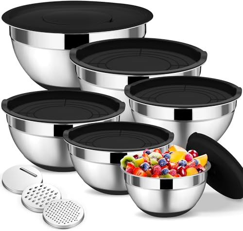 Onader Edelstahl Rührschüssel 6er Set mit 3 Reibenaufsätzen - Schwarz | Rutschfest Schüssel Salatschüssel Set mit Deckel für Küche, Stapelbar & Spülmaschinenfest, 4,6L/2,8L/2,5L/1,6L/1,2L/0,7L
