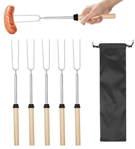 Grillspieße Grillgabel, BBQ Gabeln, Grillgabel Ausziehbar, Röstgabeln, Grill Spieße Gabeln, Teleskop Lagerfeuer Besteck, für Corn, Hot Dogs, Kebab, Gefaltet Länge 30.5CM, Ungefaltete Länge 80.5CM