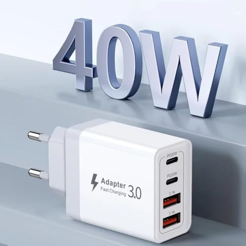 Chargeur Rapide USB-C 40W Multiport – Adaptateur Secteur 2 USB-C + 2 USB-A – Prise EU – Compatible avec iPhone, Samsung Galaxy, Huawei, Xiaomi, iPad, PC Portable – Charge Express Universelle