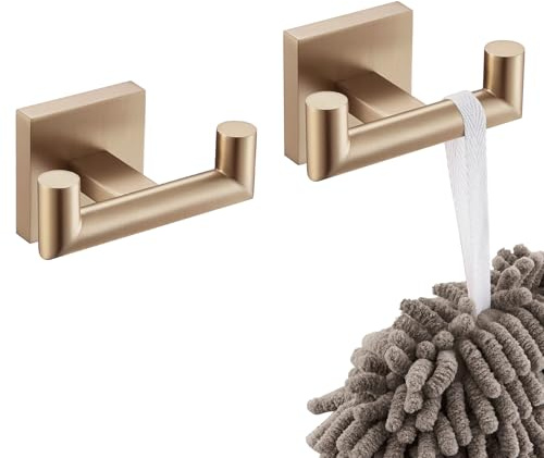 KOKOSIRI Robe Hooks Bath Towel Hooks Bathroom Hardware Double Coat Hooks Wall Mounted, 2 Pack Champagne Bronze Stainless Steel B1015CPG-P2