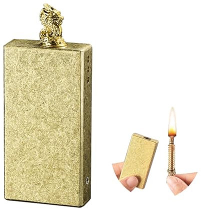 Accendino a cherosene vintage con fiammiferi permanenti, accendini zigrinati in argento antico, decorati a mano, accensione meccanica, adatti for collezione/regalo (cherosene non incluso)(Gold)