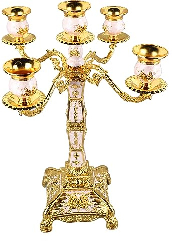 Tnfeeon Metal Arms Kandelaber, Vintage Ljusstake med Elegant Design för Romantiska Bröllop och Middagar (Guld och vitt fem huvuden)