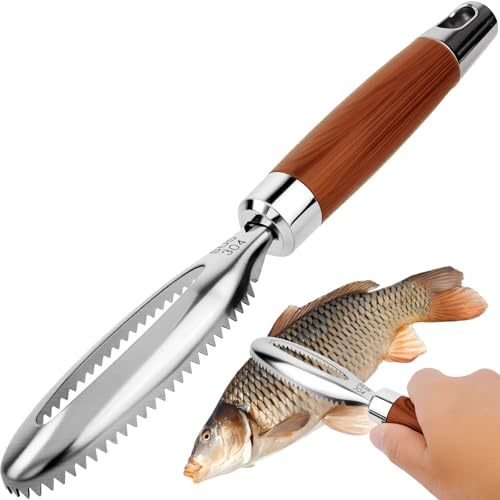 Fish Scaler, Stainless Steel Fish Scaler Remover Tool with Wooden Handle Fish Descaler Tool for Kitchen & Outdoor Use