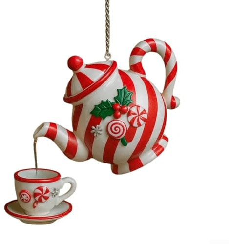 Christmas Ornament with Floating Teapot and Tea Cups Highlighted by Festive Holly Leaves and Red Berries for Home Decor (C)