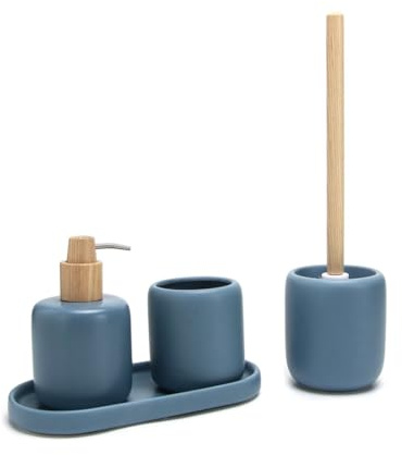 BM Set Accessori Bagno in Ceramica 4 Pezzi con Vassoio – Dispenser Sapone, Porta Spazzolini e Scopino WC, Design Moderno con Dettagli in Legno (BLU)