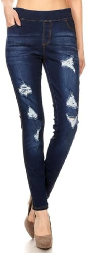 Stretchiga pull-on-jeans för kvinnor, smala, slitna denimbyxor, jeggings i normal storlek och plusstorlek