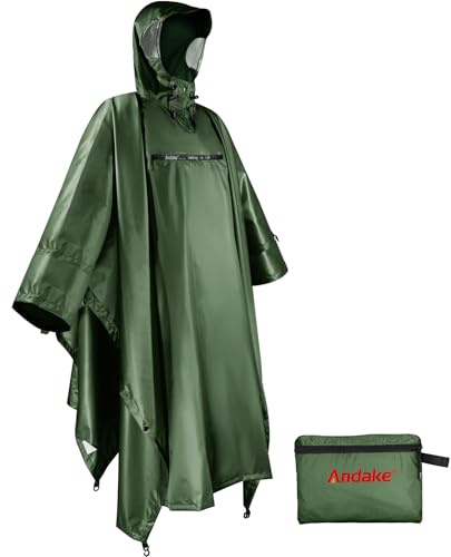 Andake Poncho de Lluvia con Capucha Chubasquero Impermeable Ligero Multifuncional como Toldo Manta Estera de Camping para Senderismo Ciclismo Verde