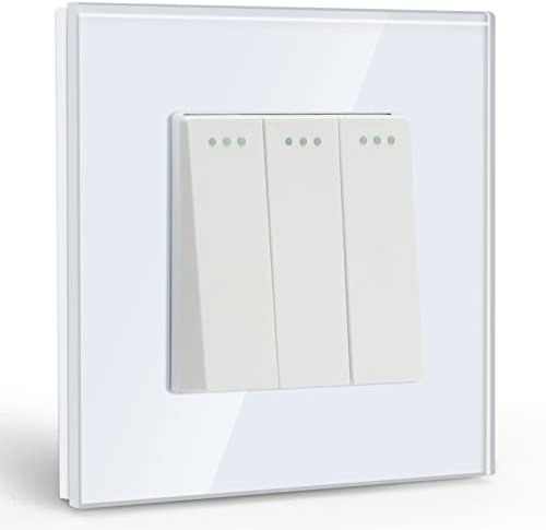 BSEED Light Switch 3 Gang 1 Way,Glass Light Switches,Screwless 10A Rocker Tactile Wall Switch,White Crystal Toggle Switch