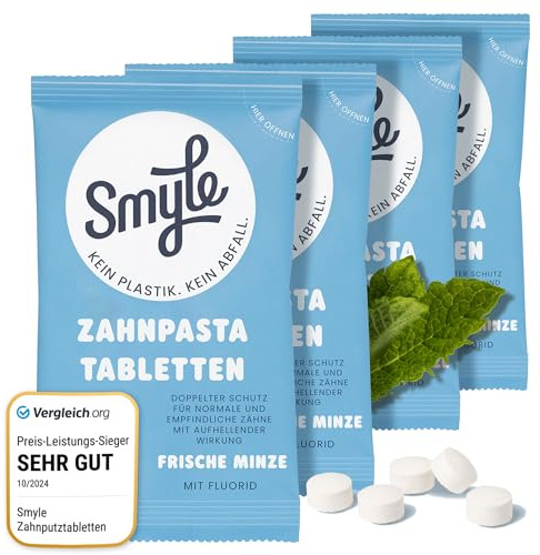 Smyle Zahnputztabletten - Vegan, Fluoridhaltig, Plastikfrei, Biologisch Abbaubare Feste Zahnpasta, Doppelpackung (252 Stück)