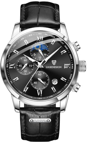 LIGE Men Watches | Waterproof Wrist Analogue Gents Chronograph Vintage Mens Watch Retro 30M Waterproof Leather Luminous Analog Quartz with Date & Moon Phase Display Men's Gift,Black