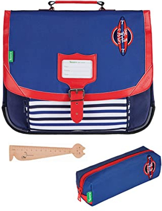 TANN'S Schulranzen-Set für Jungen, 38 cm + passendes rechteckiges Federmäppchen + Lesezeichen aus Holz, Katze Blumie, Hugo, 38 cm, Lässig