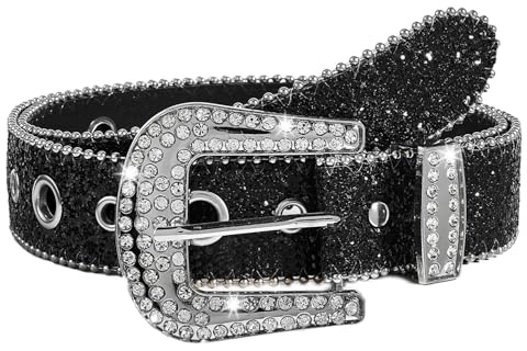 Eohak Womens Rhinestone Studded Western Leather Belt for Jeans Cowboy Waist Belts Fit Waist 27-39